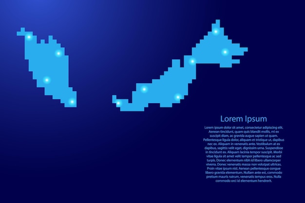 Malezja mapa sylwetka z niebieskich kwadratowych pikseli i świecących gwiazd. Ilustracja wektorowa.