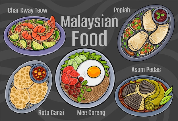 Malezyjskie jedzenie Zestaw klasycznych potraw Cartoon ręcznie rysowane ilustracji