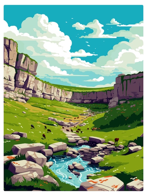 Plik wektorowy malham cove głowa anglia vintage plakat podróżniczy pamiątkowa pocztówka portret malarstwo wpa ilustracja