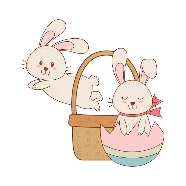 Mali Króliki Z Jajkiem Malującym W Koszykowym Easter Charakterze