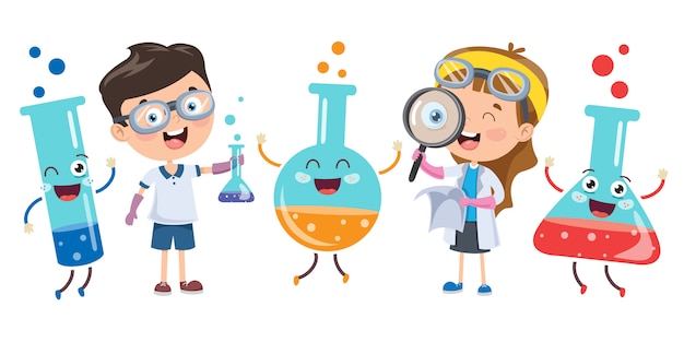 Mali studenci robią eksperyment chemiczny