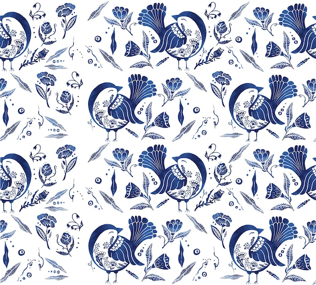 Plik wektorowy malowana na niebiesko kaczka, zając, kwiaty i sikorki. ilustracja wektorowa