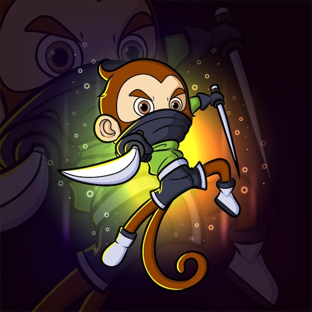 Małpa ninja wymachuje logo projektu maskotki katany e-sport