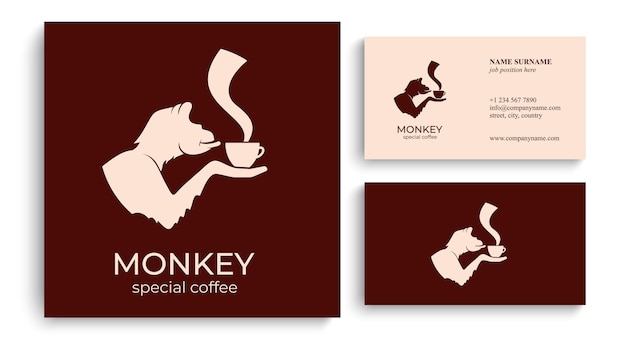 Małpa z filiżanką kawy lub herbaty Logo lub znaczek dla kawiarni i kawiarni Ilustracja wektorowa Specjalne logo
