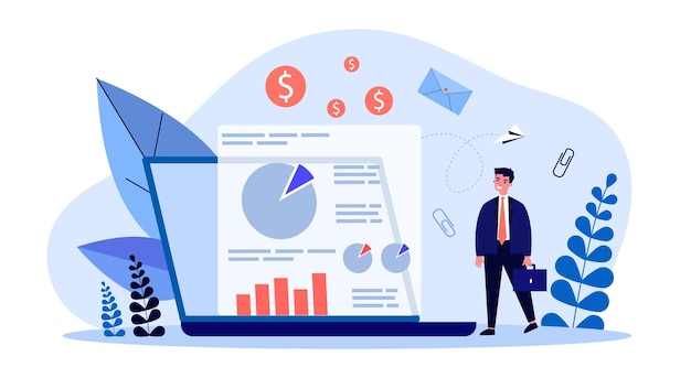 Mały Biznesmen Z Teczką Obok Analityki Marketingowej. Człowiek Patrząc Na Ilustracji Wektorowych Płaski Analizy Biznesowej. Zarządzanie, Koncepcja Strategii Banera, Projekt Strony Internetowej Lub Strona Docelowa