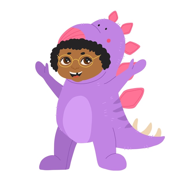 Plik wektorowy mały chłopiec african american ubrany w kombinezon kigurumi w postaci stegozaura chłopiec w kostiumie dinozaura lub smoka z kapturem i ogonem przytulna piżama dino kreskówka płaski wektor ilustracja doodle styl