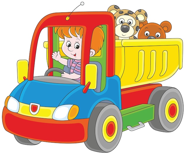 Plik wektorowy mały chłopiec bawiący się dużą zabawkową ciężarówką z misiem i małym lampartem