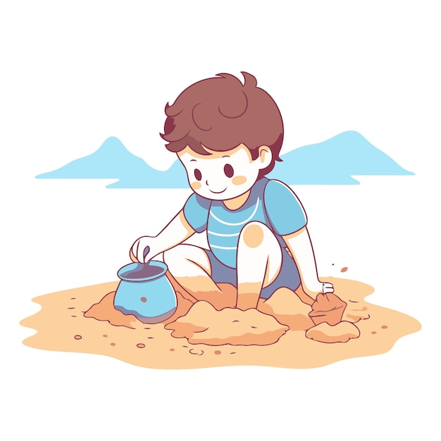 Plik wektorowy mały chłopiec bawiący się w piasku urocza ilustracja wektorowa z kreskówki