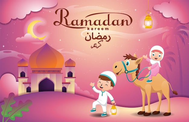 Mały chłopiec niosący latarnię z małą dziewczynką jadącą na wielbłądzie jadącym do meczetu w noc Ramadanu