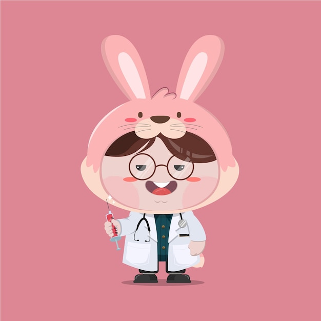 Plik wektorowy mały chłopiec ubrany w kostium lekarza królika