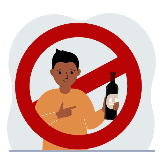 Mały Chłopiec Z Butelką Alkoholu W Ręku Wokół Chłopca Jest Czerwony Znak Zakazu Pojęcie Uzależnienia Dzieci Od Alkoholu
