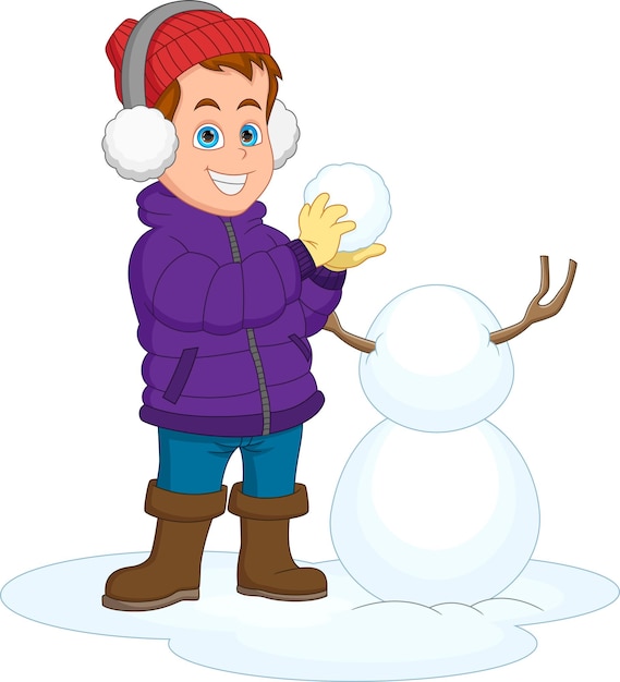 Plik wektorowy mały chłopiec z kreskówki budujący śnieżaka