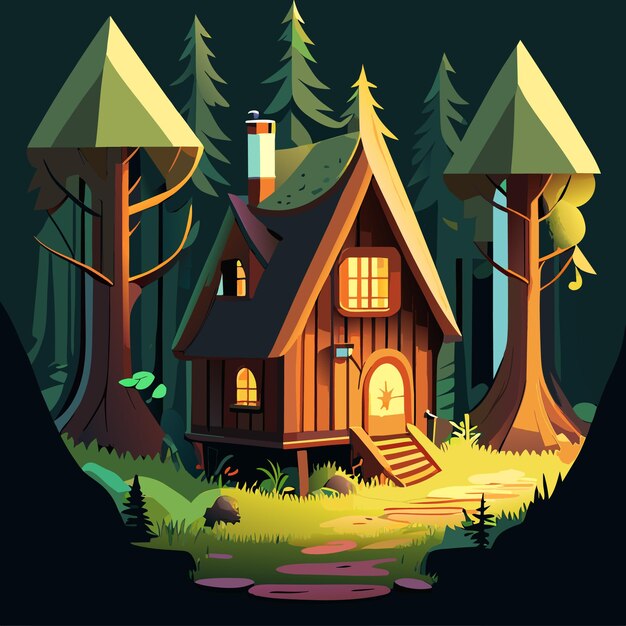 Plik wektorowy mały drewniany dom w bajkowym lesie