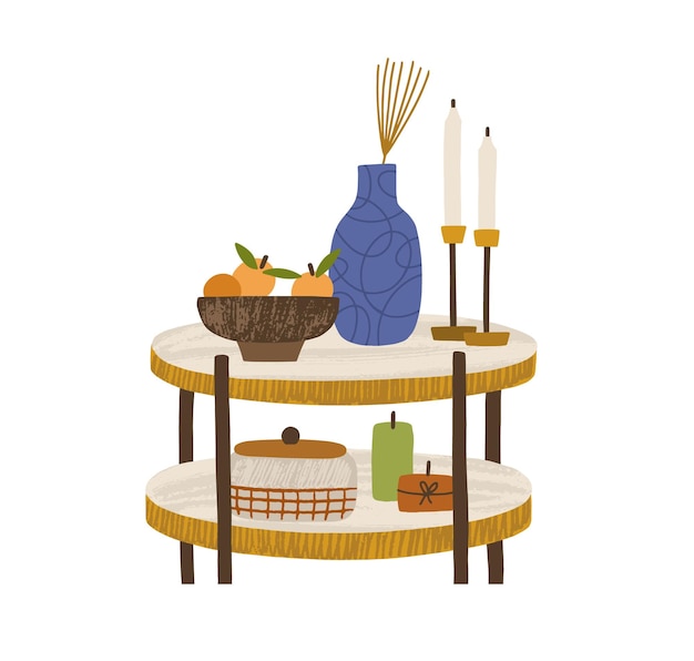 Plik wektorowy mały drewniany stolik kawowy z wazonem i świecami do przytulnego wystroju domu. nowoczesne stylowe meble z drewna z uroczymi dekoracjami. kolorowe płaskie wektor ilustracja na białym tle.