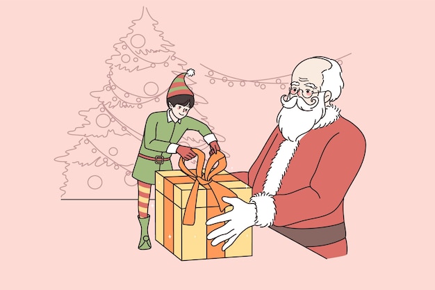 Mały Elf Pomaga Mikołajowi Pakować Prezenty świąteczne