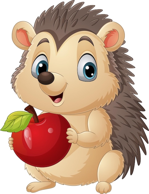 Plik wektorowy mały jeż z kreskówką trzymający czerwone jabłko