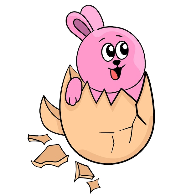 Mały królik wyszedł ze skorupki jajka. ilustracja kreskówka naklejka emotikon