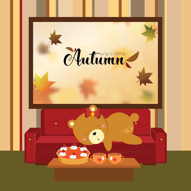 Mały Niedźwiadkowy dosypianie na kanapie w jesieni przyprawia