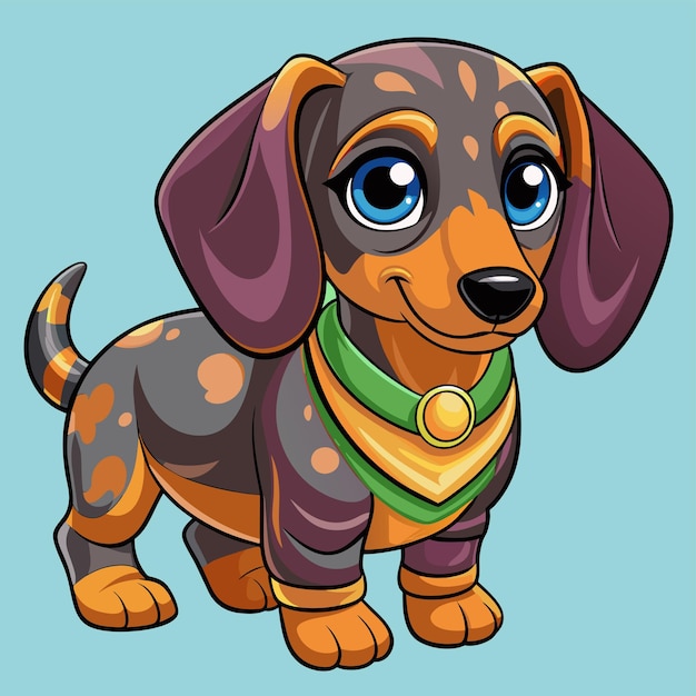 Mały pies z kołnierzem, na którym jest napisane dachshund