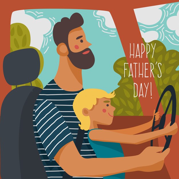 Mały syn siedzi na kolanach ojca i kręci kierownicą.