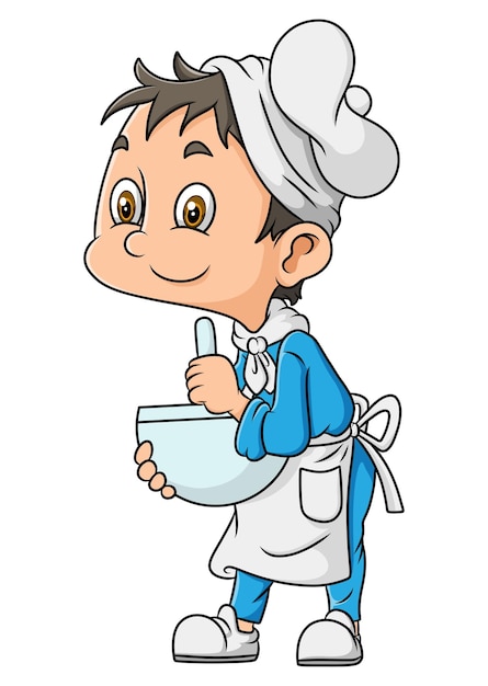 Mały Zmęczony Chłopiec Gotuje I Miesza Miskę W Kuchni Ilustracji