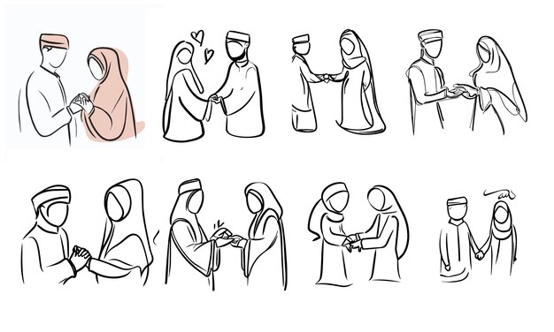 Małżeństwo islamska para rysunek ręczny wolny wektor