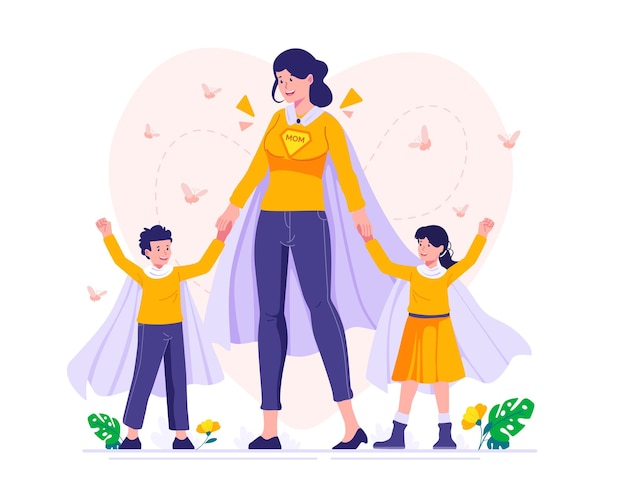 Mama córka i syn z pelerynami superbohatera Mama superbohatera z dziećmi Ilustracja na dzień matki