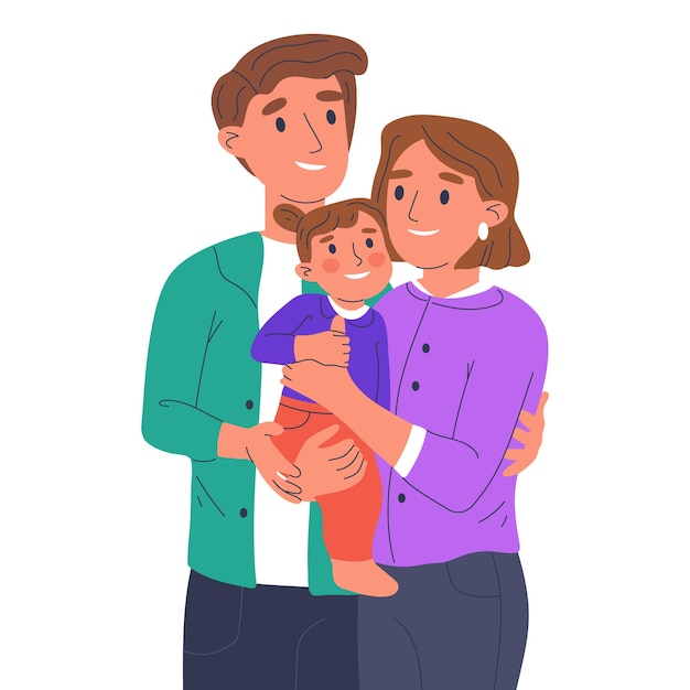 Mama i tata niosąc słodkie dziecko Rodzina z dzieckiem szczęśliwych rodziców dziecko z matką i ojcem na białym tle ilustracji wektorowych płaski kreskówka na białym tle