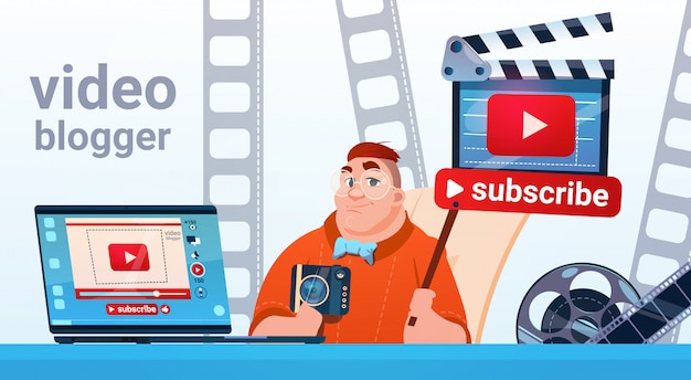 Man Video Blogger Camera Ekran komputera Blogowanie Subskrybuj koncepcję