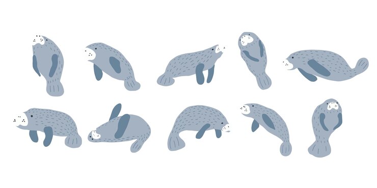 Manaty Skandynawski styl pod morzem Zapisz koncepcję manatów Projekt postaci Ilustracje wektorowe na białym tle
