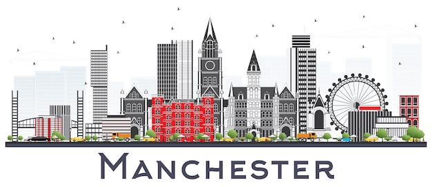 Manchester Skyline Z Szarymi Budynkami Na Białym Tle. Ilustracja Wektorowa. Podróże Służbowe I Koncepcja Turystyki Z Nowoczesną Architekturą. Manchester Cityscape Z Zabytkami.