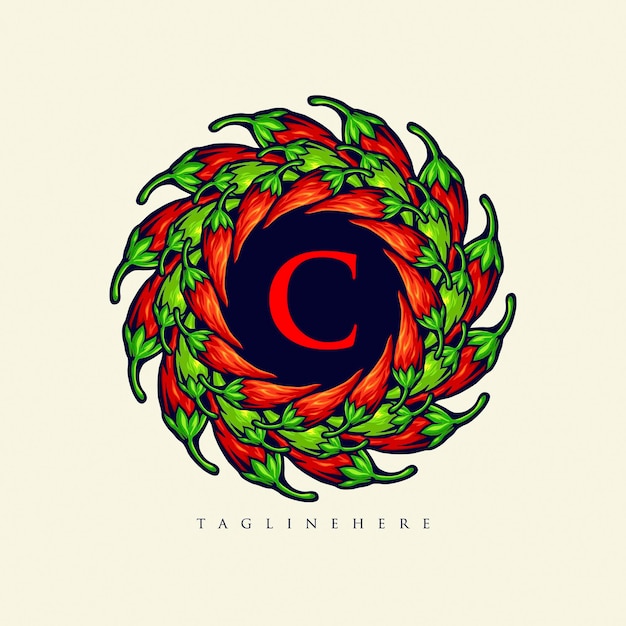 Mandala Chilli Papper Logo Jedzenie Eleganckie Ilustracje