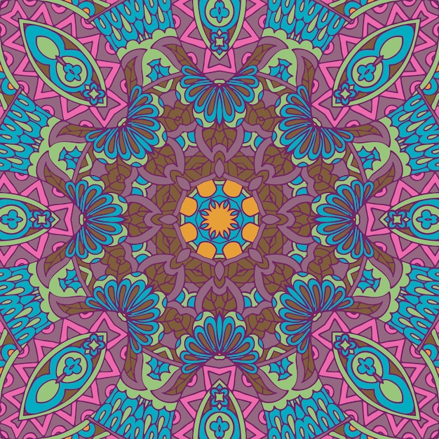 Mandala Doodle Linie Zdobione Tło. Streszczenie Paisley Kwiatowy Geometryczne Kafelki Boho Etniczne Bezszwowe Wzór Ozdobnych.