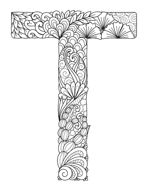 Mandala litera T monogram, kolorowanka dla dorosłych, projekt Grawerowanie.