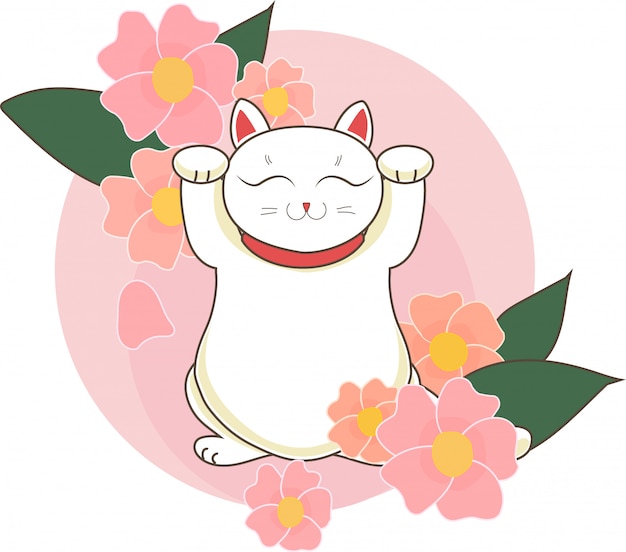 Maneki Neko / Neco Z Japonii (sacura) Kwiaty I Kwiaty, Kot Z Podniesioną łapą Japoński Symbol Szczęścia, Ilustracji Wektorowych