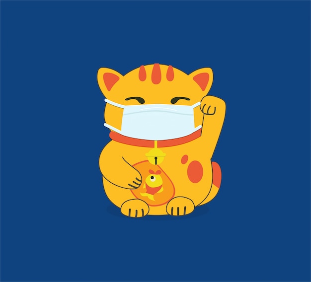 Plik wektorowy maneki-neko w maskach na twarz. zanieczyszczenie powietrza, zanieczyszczone powietrze, zanieczyszczenie świata. nowoczesne mieszkanie ilustracja. grupa współpracowników noszących maski medyczne, aby zapobiec chorobom, grypie, masce gazowej.