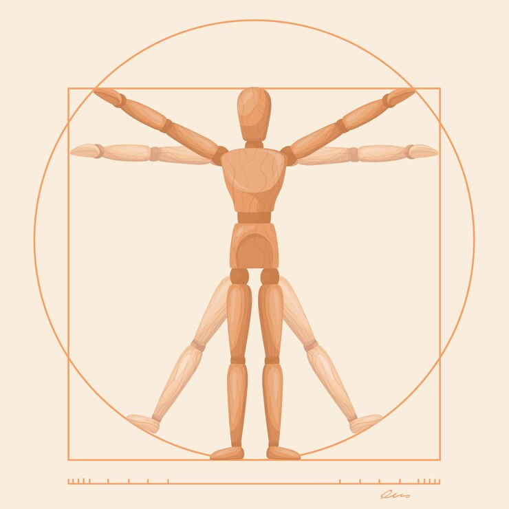 Wektor manekin witruwiański drewniana rzeźba leonardo da vinci lalka anatomia człowieka model ciała mężczyzn proporcja elastyczność pozuje wspólna postać marionetka na siłownię ilustracja wektorowa renesansowej proporcji
