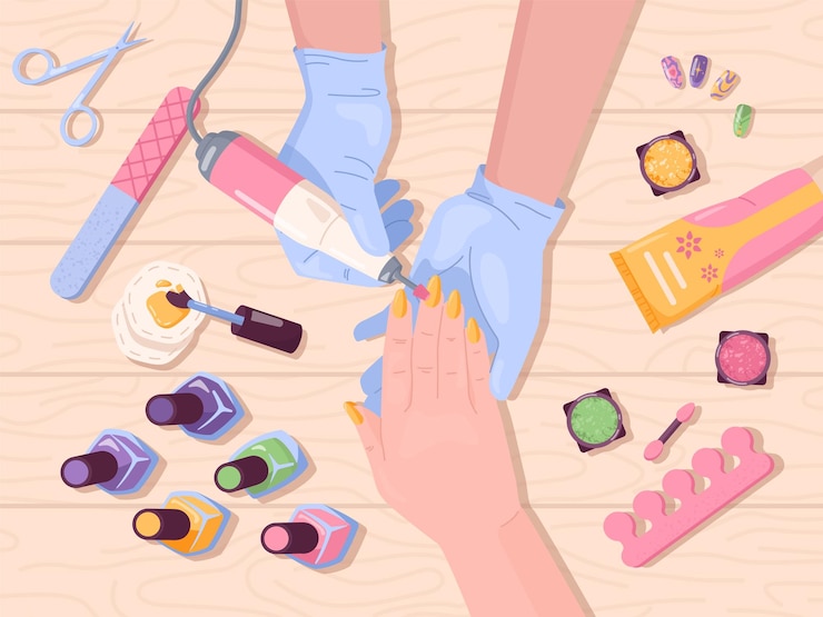 Wektor manicure widok z góry salon kosmetyczny do paznokci specjalista wykonuje zabieg pielęgnacji paznokci do rąk klienta narzędzia manicure kolory swatch luksusowa ilustracja wektorowa