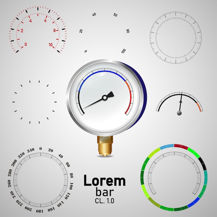 Wektor manometr analogowy przyrząd pomiarowy ze skalą mockup