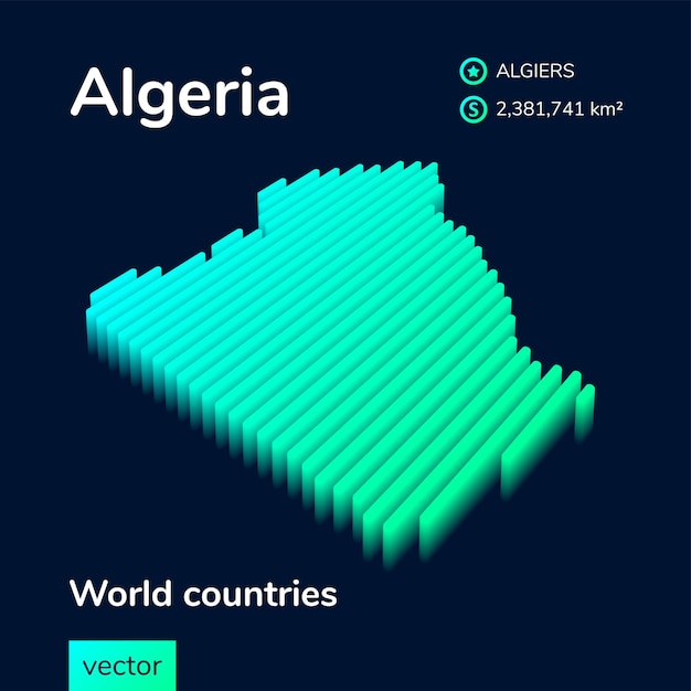 Mapa Algierii 3d Stylizowana Neonowa Cyfrowa Izometryczna Mapa Wektorowa W Paski Jest W Kolorach Zielonym I Miętowym