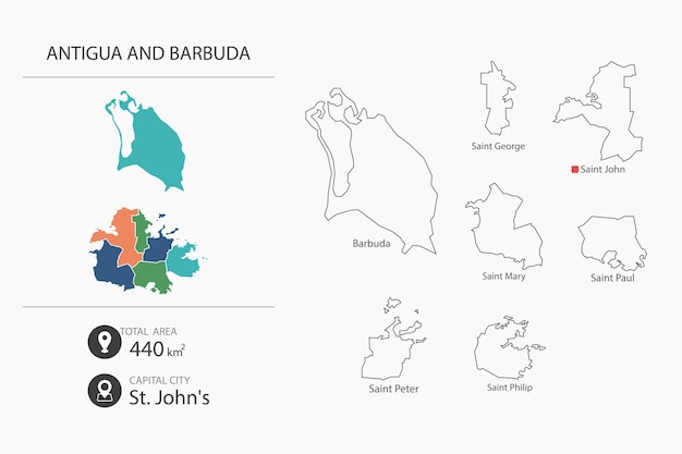 Mapa Antigui i Barbudy ze szczegółową mapą kraju Elementy mapy miast, łączna powierzchnia i stolica