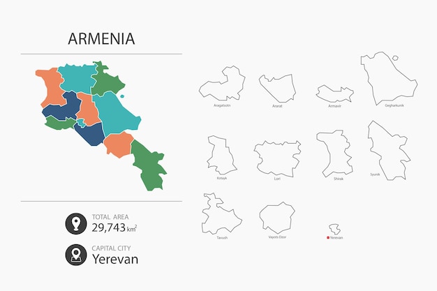 Plik wektorowy mapa armenii ze szczegółową mapą kraju elementy mapy miast o łącznej powierzchni i stolicy