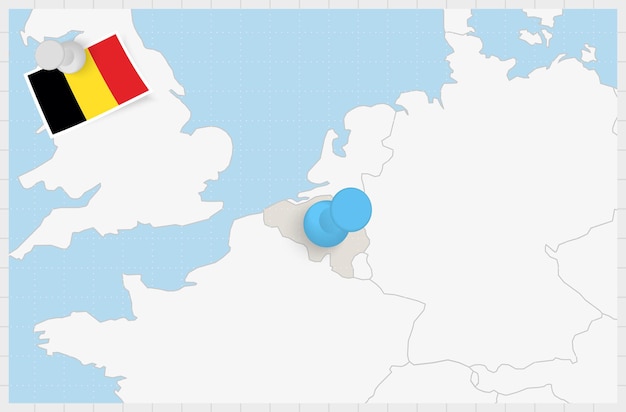 Plik wektorowy mapa belgii z przypiętą niebieską pinezką przypięta flaga belgii