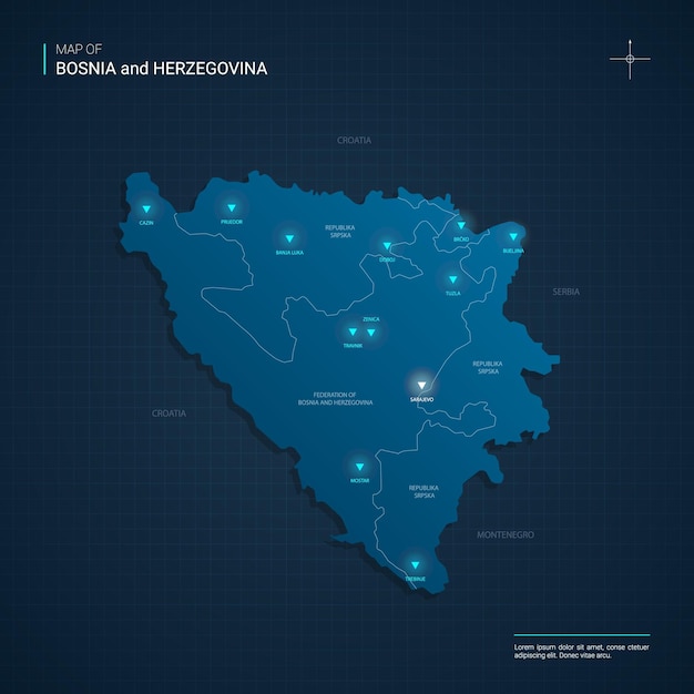 Mapa Bośni Z Niebieskimi Punktami światła Neonowego