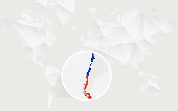 Mapa Chile Z Flagą W Kontur Na Białej Wielokątnej Mapie świata