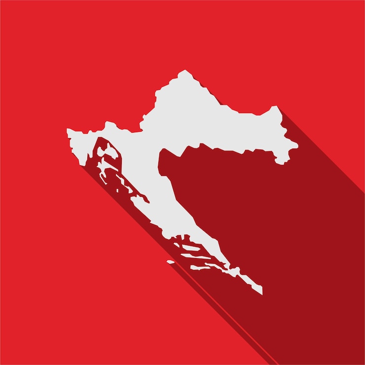Wektor mapa chorwacji na czerwonym tle z długim cieniem