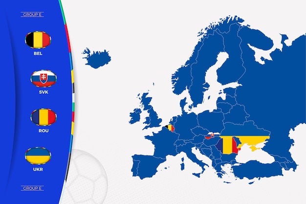 Plik wektorowy mapa europy z oznaczonymi mapami krajów uczestniczących w grupie e turnieju piłkarskiego europy 2024