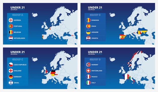 Plik wektorowy mapa europy z zaznaczonymi mapami krajów biorących udział w europejskim turnieju piłki nożnej do lat 21 2023 posortowanych według grup