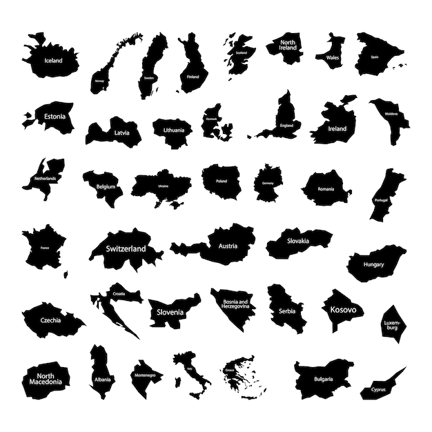 Plik wektorowy mapa europy zestaw z wybranych krajów styl sylwetki