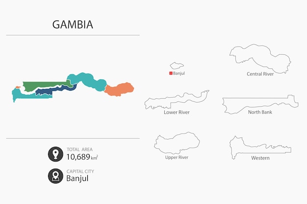 Mapa Gambii Ze Szczegółową Mapą Kraju Elementy Mapy Miast, łączna Powierzchnia I Stolica